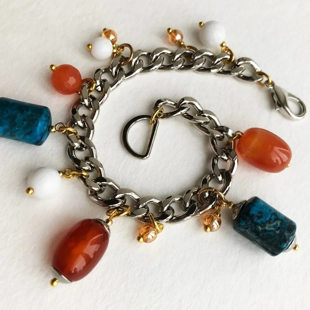Chunky charm bracelet, curb chain bracelet silver